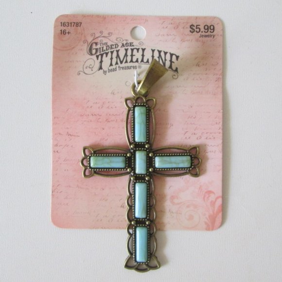 Turquoise Color Silvertone Cross Pendant - Picture 1 of 3
